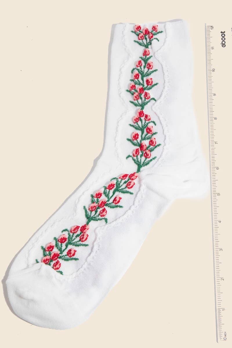 White Floral Tulip Vine Embroidered Socks: WHITE