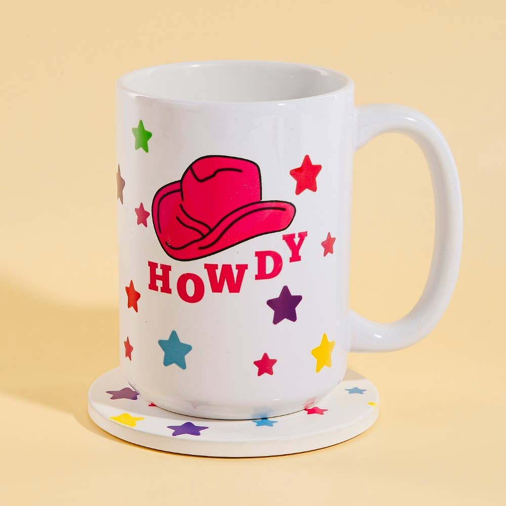 Howdy Western Cowboy Hat 15Oz Mug With Matching Coaster Gift: WHITE