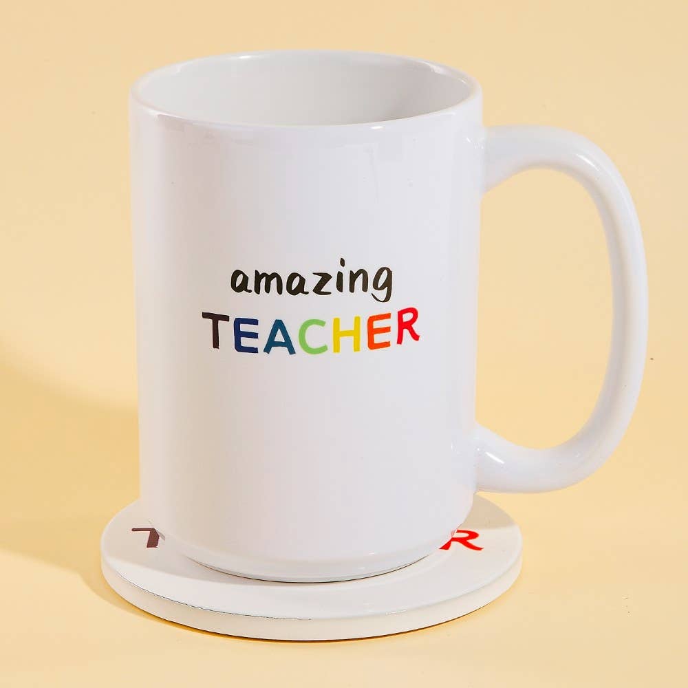 Amazing Teacher 15 Oz Mug With Matching Coaster Gift Set: WHITE