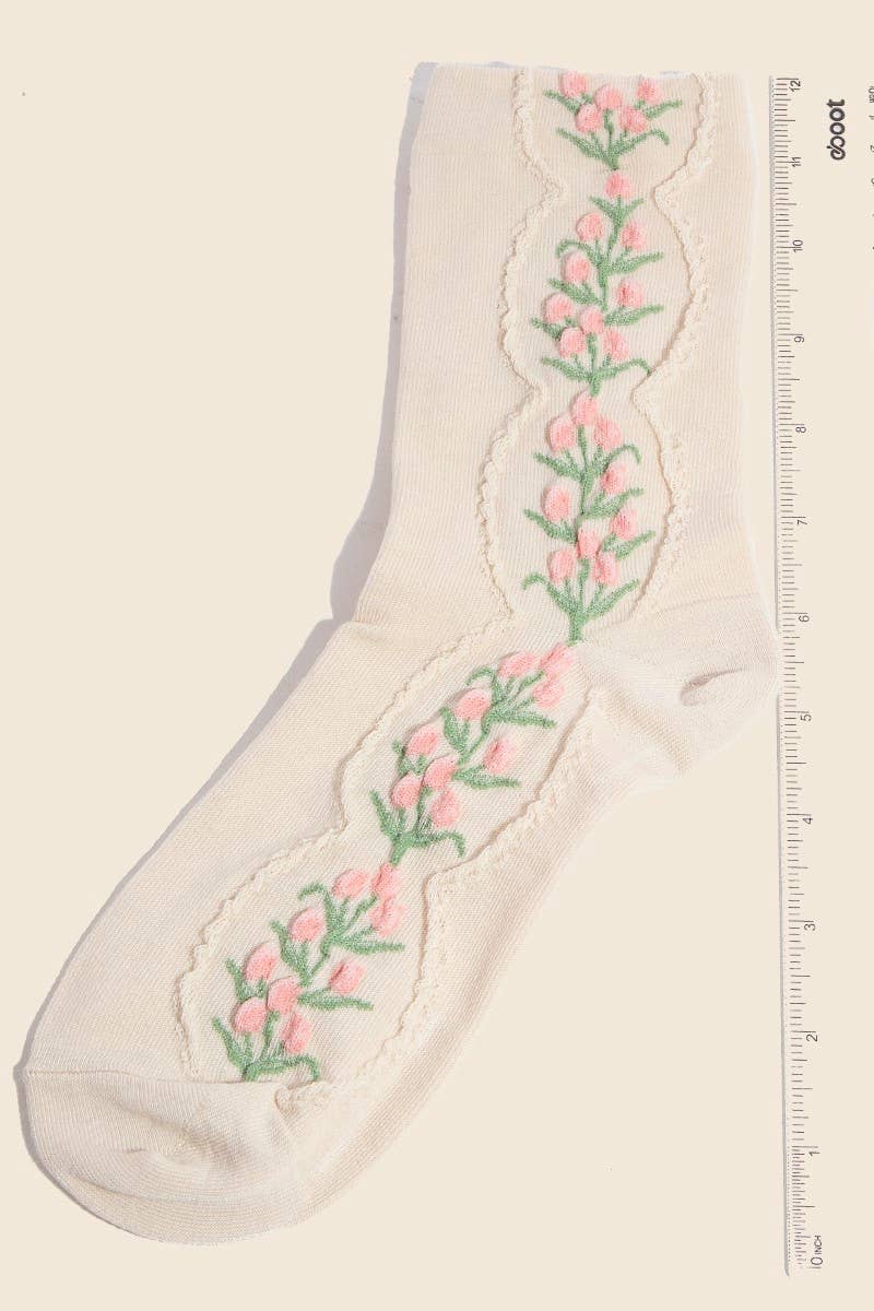 Beige Floral Tulip Vine Embroidered Socks: BEIGE