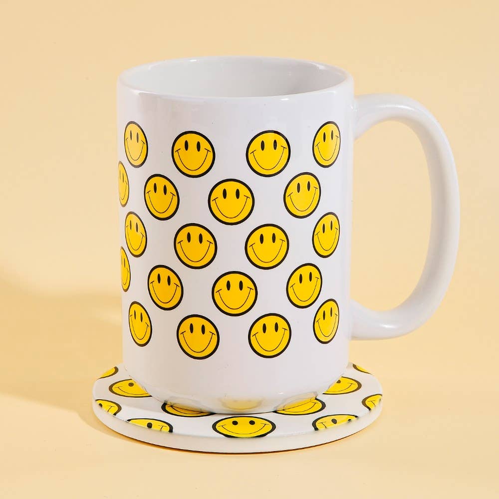 Smiley Faces 15 Oz Mug With Matching Coaster Gift Set: WHITE