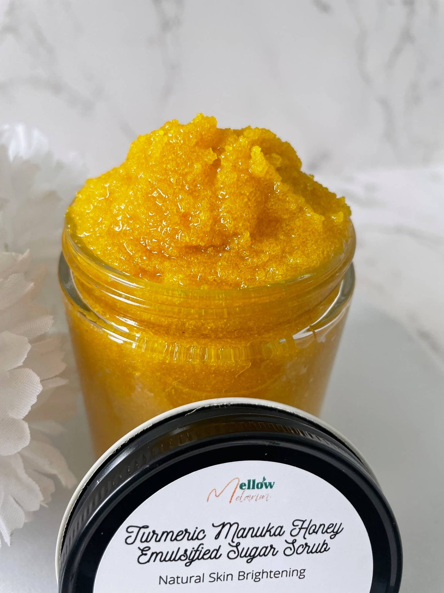Turmeric and Manuka Honey Brightening Body Scrub: 4 oz Plastic Jar / Yes Label