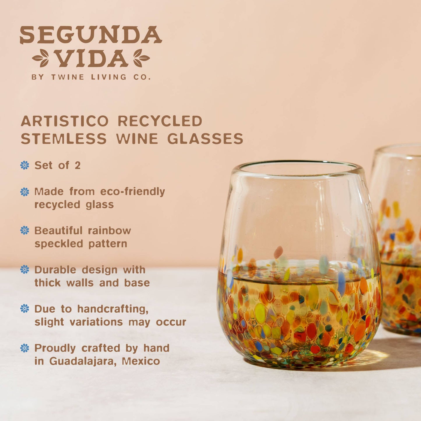 Artistico Recycled Glass Stemless Wine Glasses - Set of 2