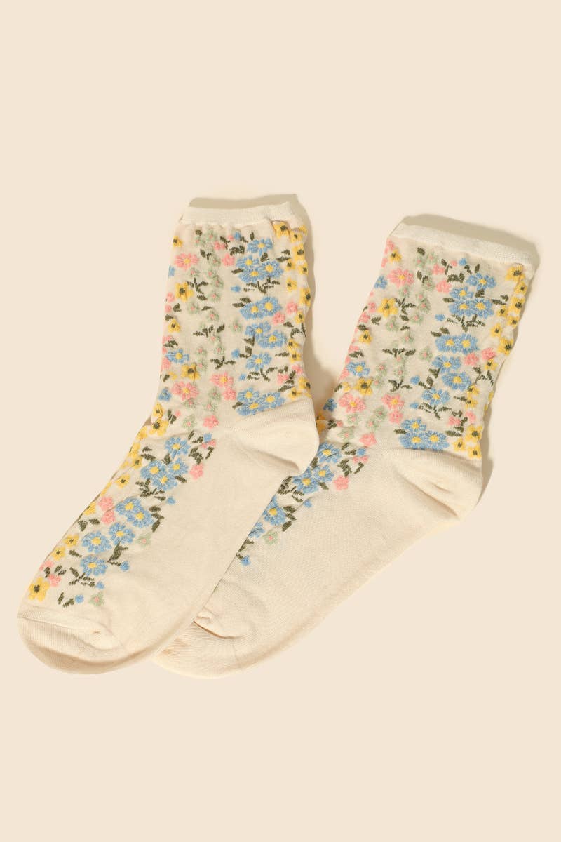 Assorted Flower Pattern Socks: BEIGE