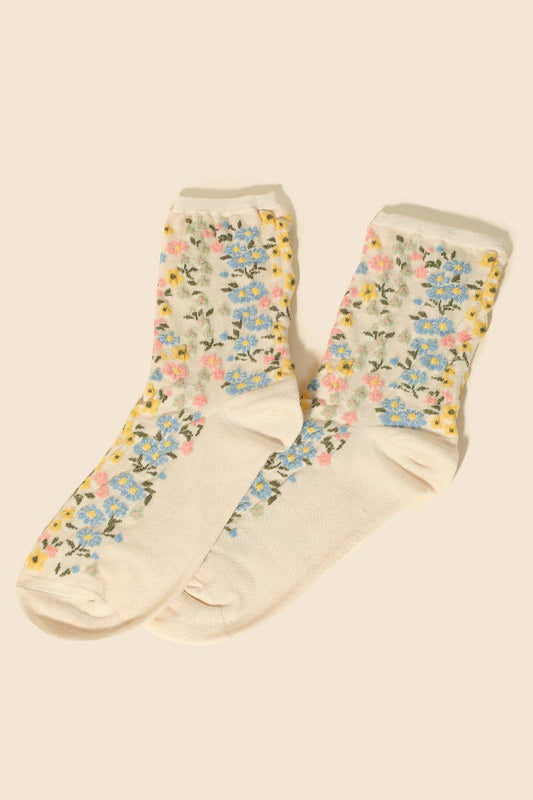 Assorted Flower Pattern Socks: BEIGE