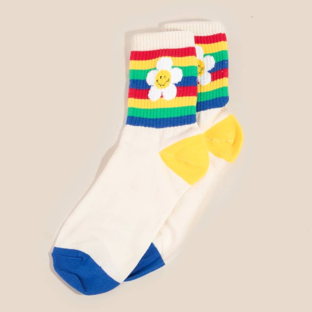 Rainbow Flower Striped Happy Face Socks: MULTI