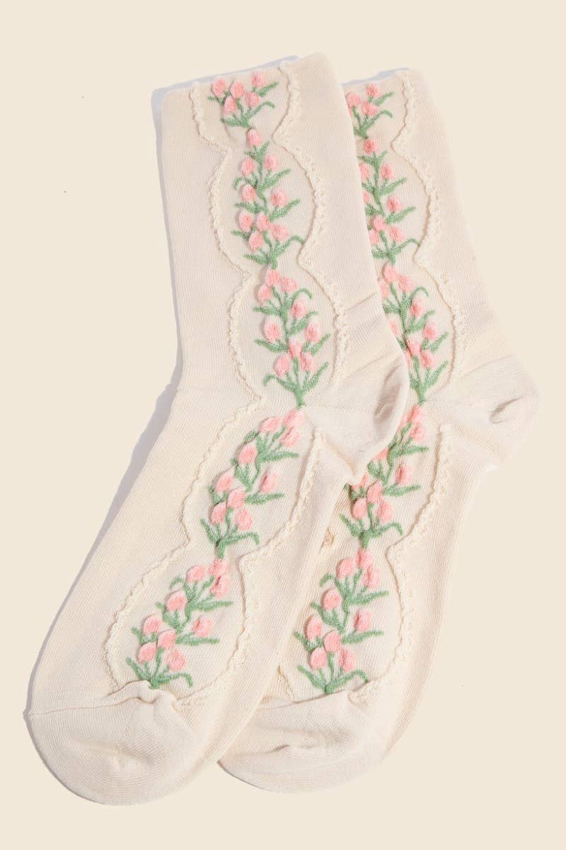 Beige Floral Tulip Vine Embroidered Socks: BEIGE