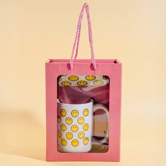 Smiley Faces 15 Oz Mug With Matching Coaster Gift Set: WHITE