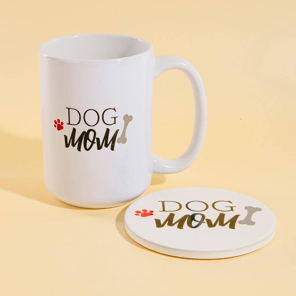 Dog Mom 15 Oz Mug With Matching Coaster Gift Set: WHITE