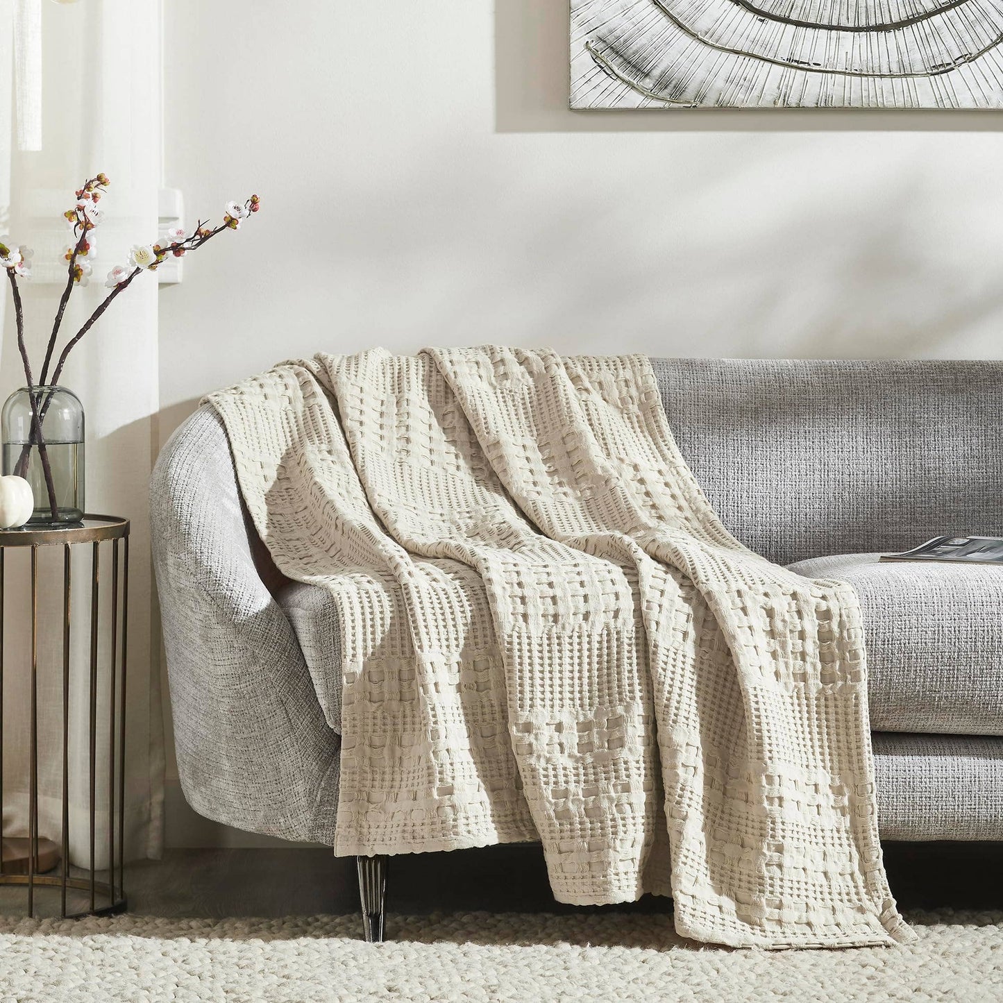 VHC Brands Waffle Weave Natural Throw 50x60 - Cotton Decorative Blanket for Bed, Couch, Sofa | Boho Farmhouse Home Decor