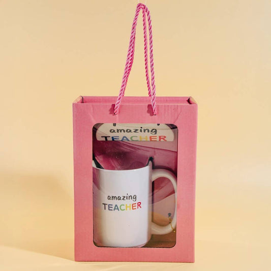 Amazing Teacher 15 Oz Mug With Matching Coaster Gift Set: WHITE