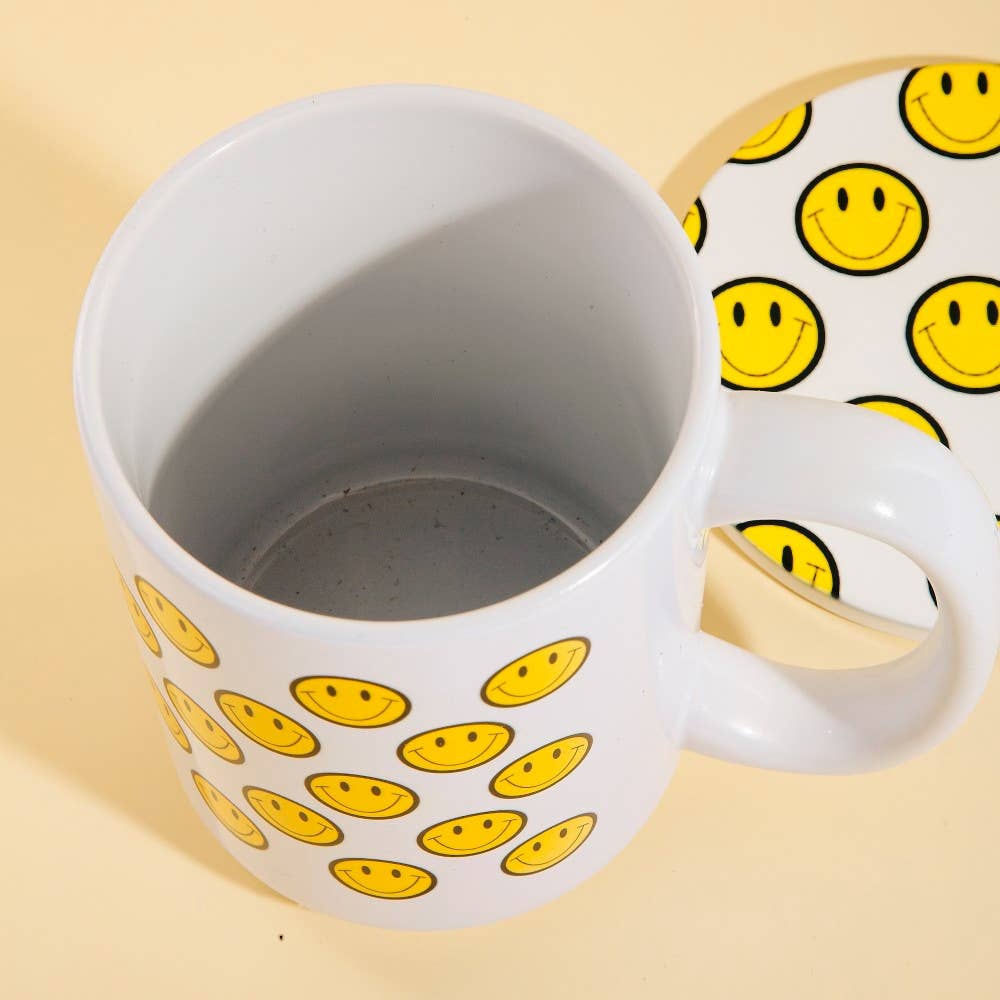 Smiley Faces 15 Oz Mug With Matching Coaster Gift Set: WHITE