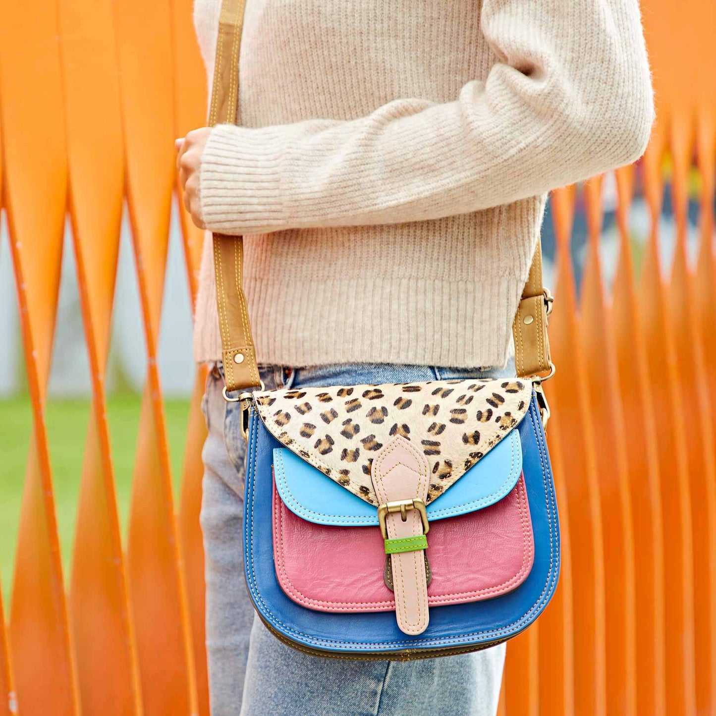 Recycled Leather Multicoloured Crossbody Bag - Handmade
