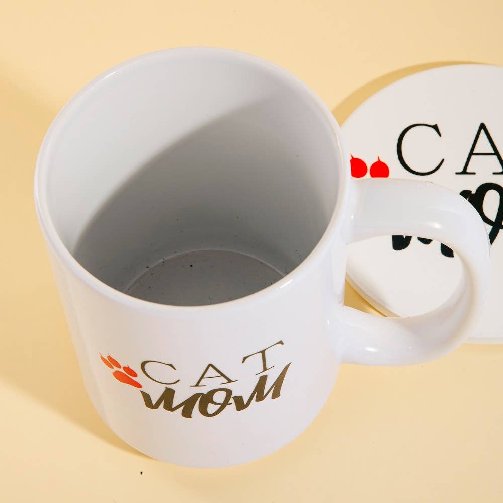Cat Mom 15 Oz Mug With Matching Coaster Gift Set: WHITE