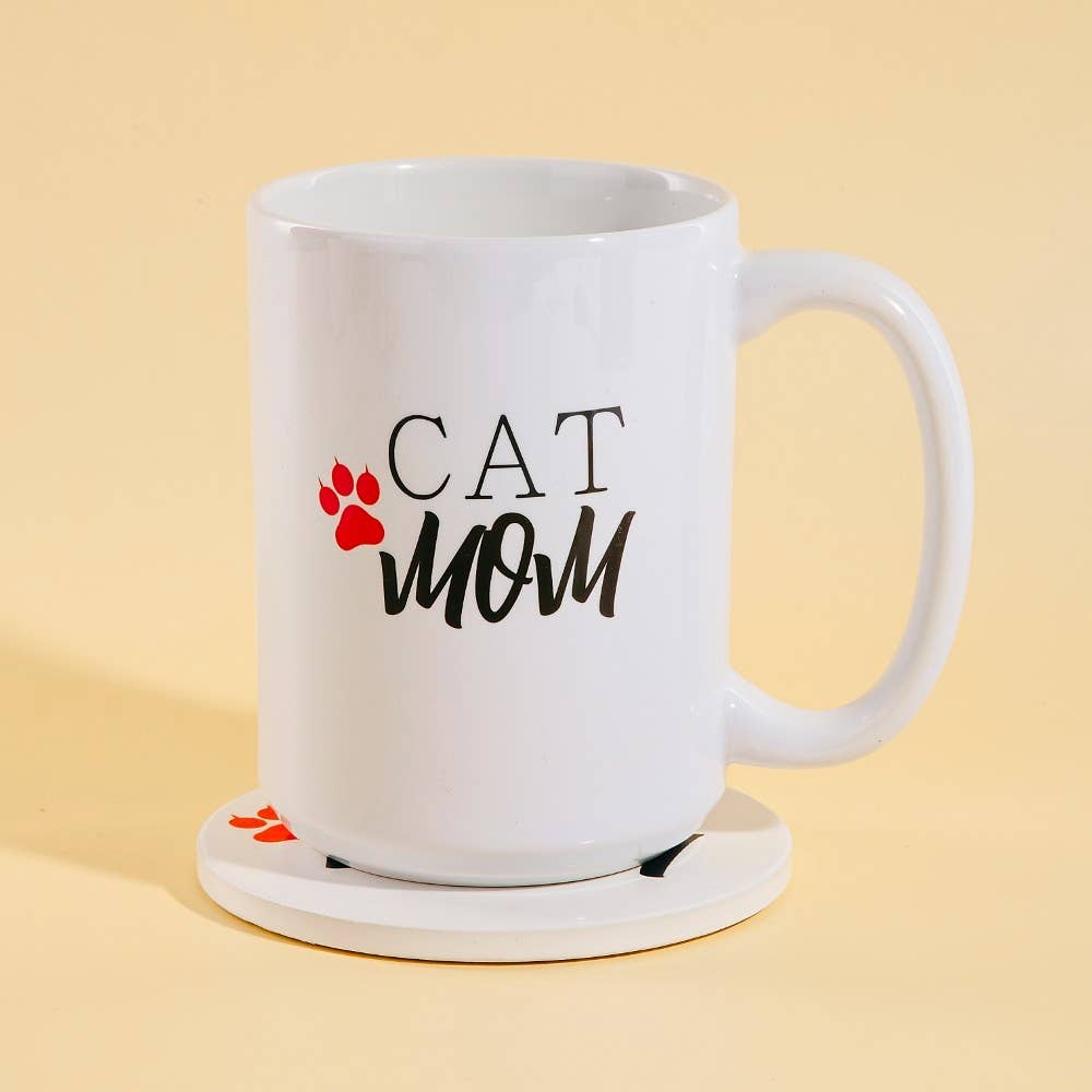 Cat Mom 15 Oz Mug With Matching Coaster Gift Set: WHITE