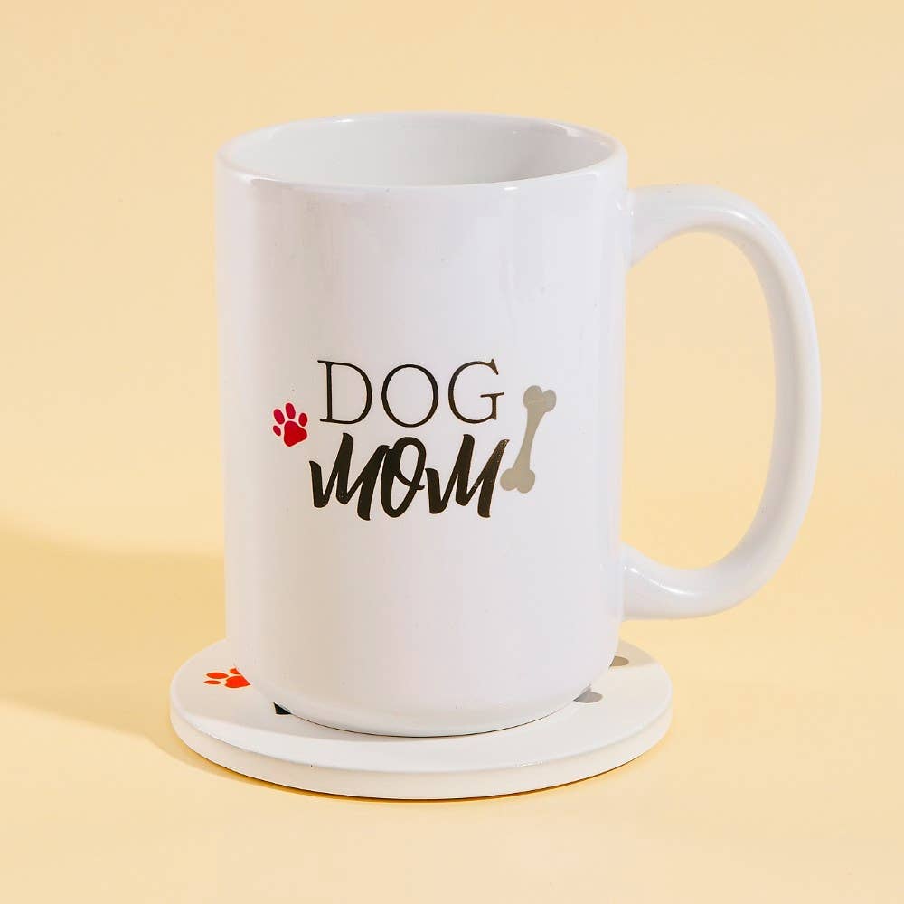Dog Mom 15 Oz Mug With Matching Coaster Gift Set: WHITE