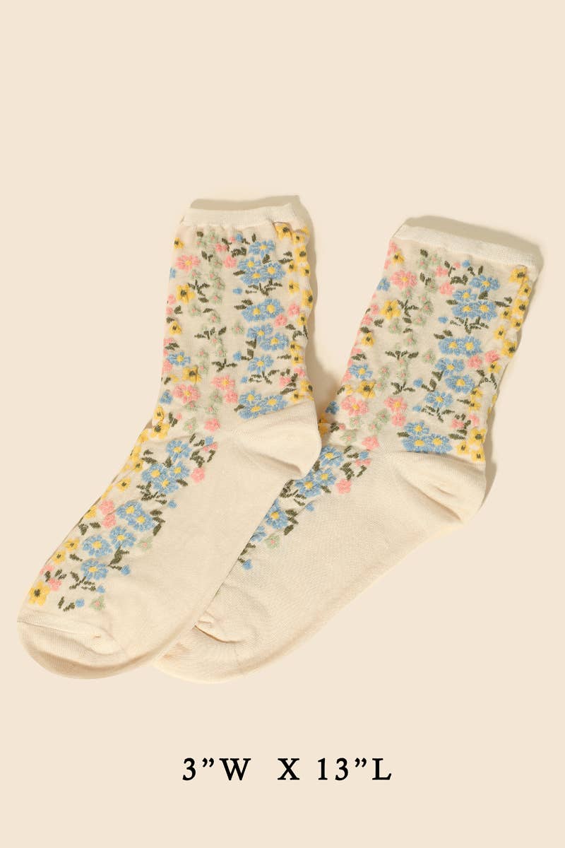 Assorted Flower Pattern Socks: BEIGE