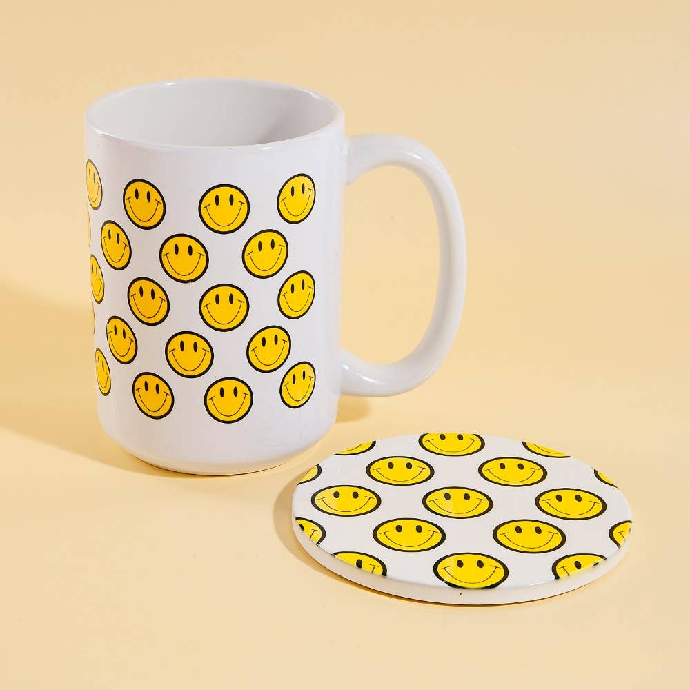 Smiley Faces 15 Oz Mug With Matching Coaster Gift Set: WHITE