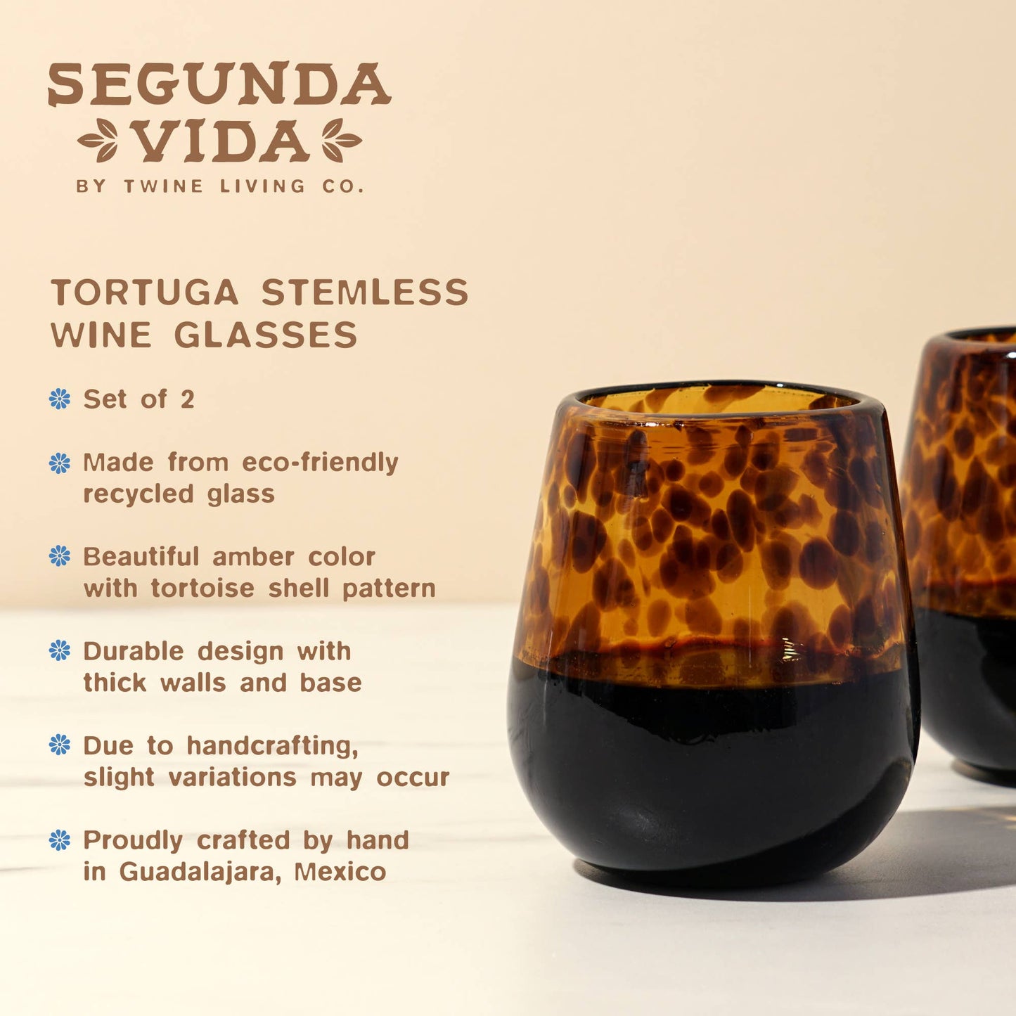 Tortuga Recycled Glass Stemless Wine Glasses - Set of 2