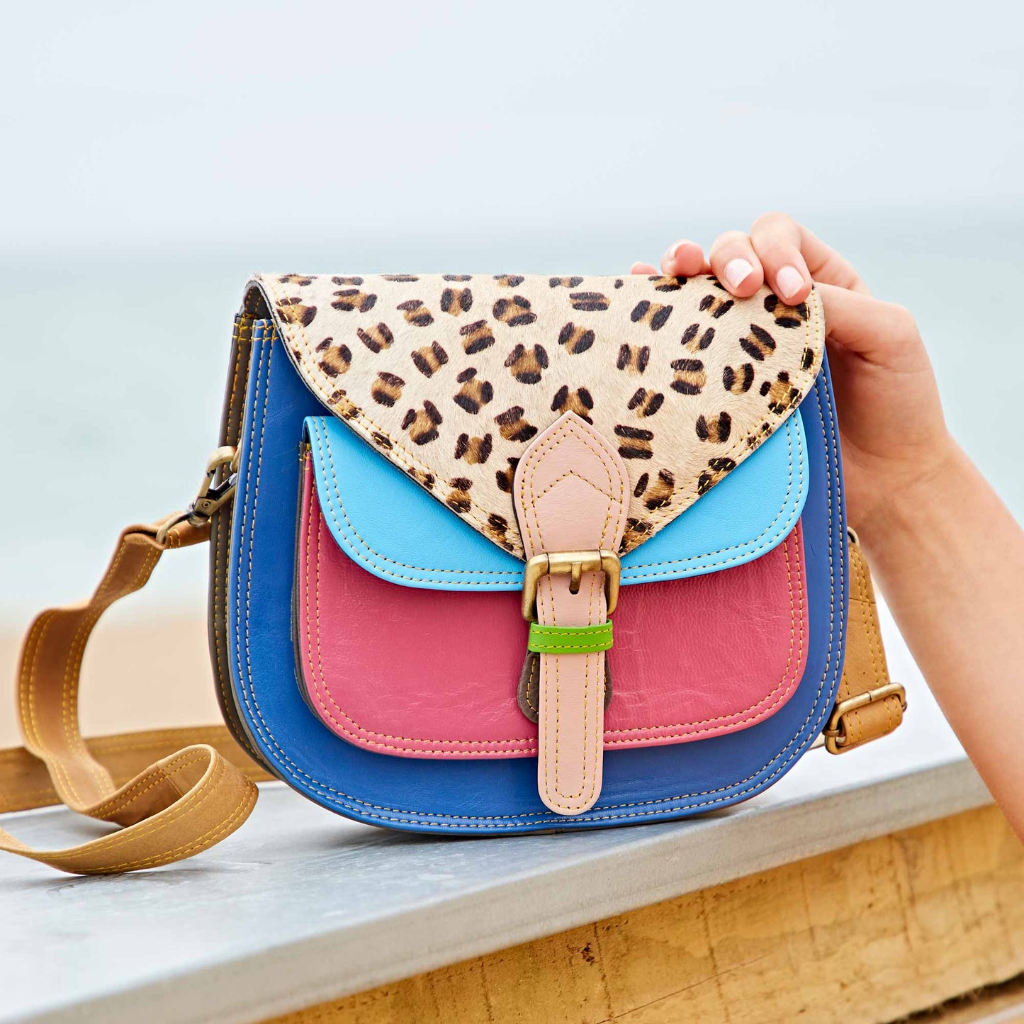 Recycled Leather Multicoloured Crossbody Bag - Handmade