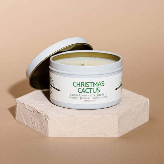Quick Order: Matte White Candle Tins: Christmas Cactus