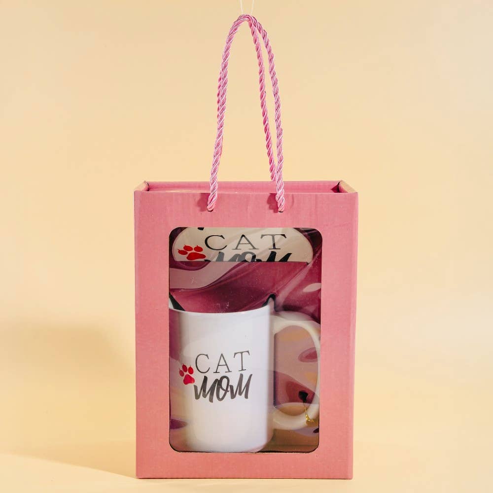 Cat Mom 15 Oz Mug With Matching Coaster Gift Set: WHITE