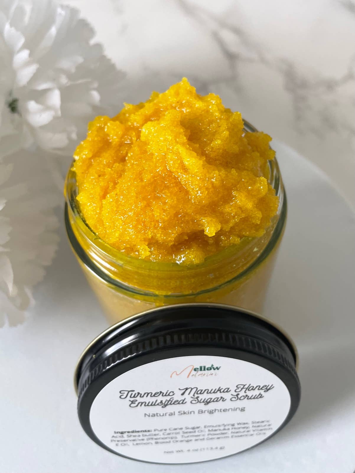 Turmeric and Manuka Honey Brightening Body Scrub: 4 oz Plastic Jar / Yes Label