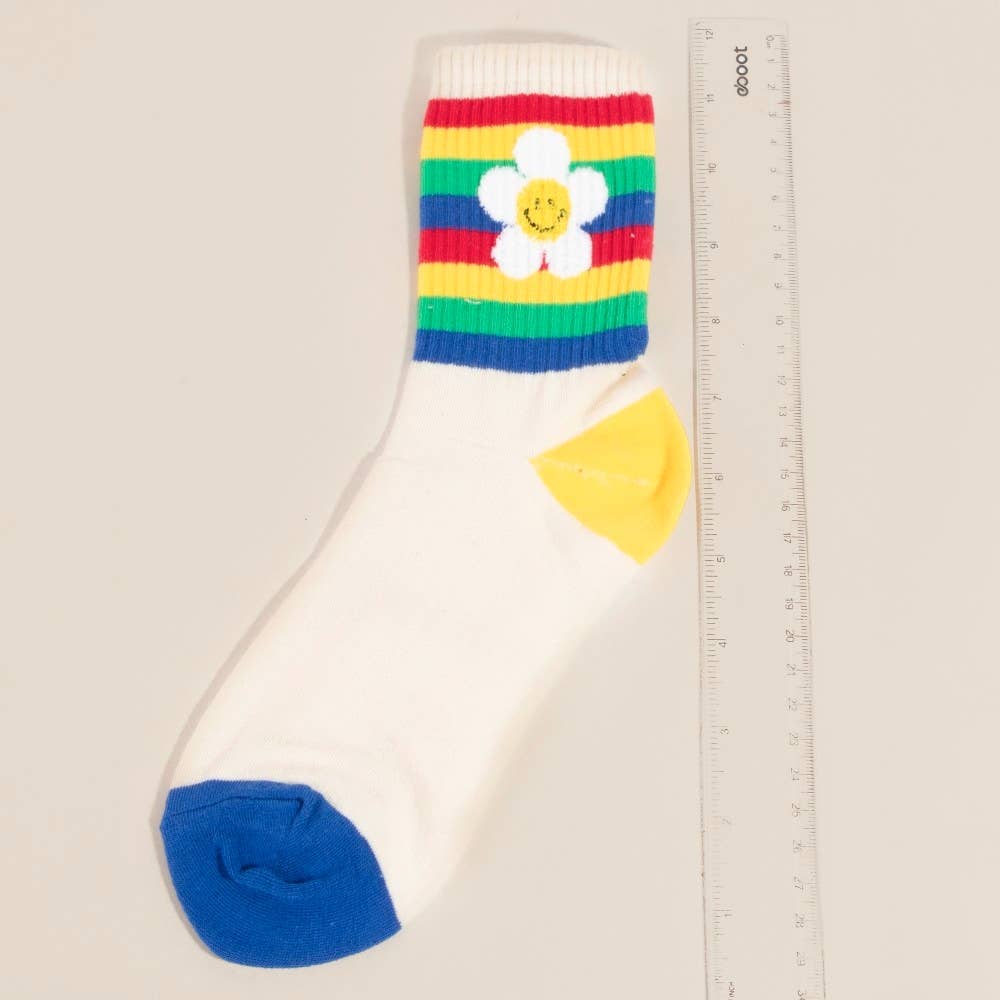 Rainbow Flower Striped Happy Face Socks: MULTI