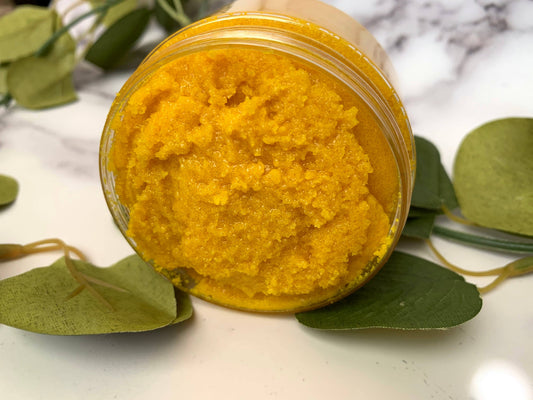 Turmeric and Manuka Honey Brightening Body Scrub: 4 oz Plastic Jar / Yes Label