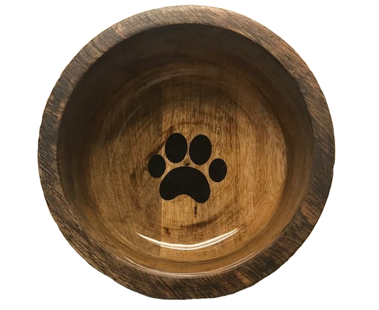Round wooden bowl with paw design: MEDIUM