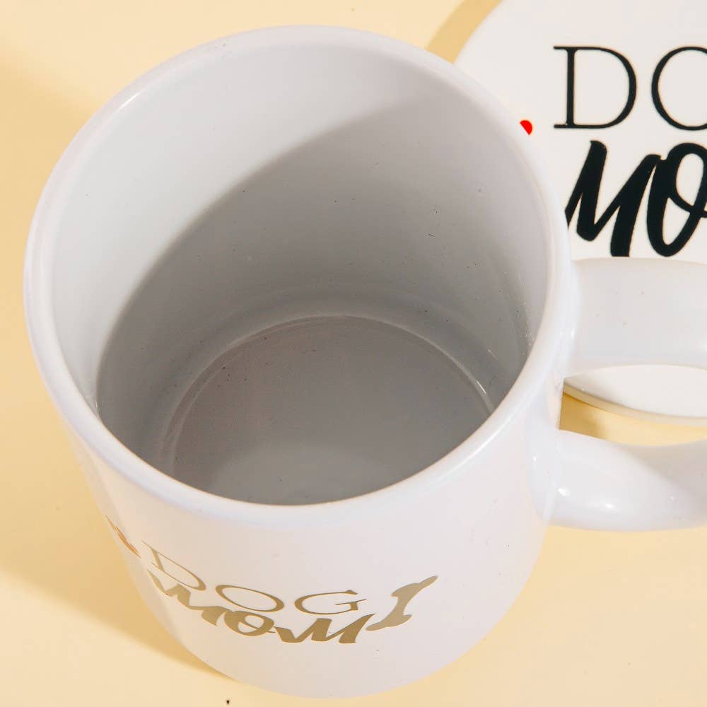 Dog Mom 15 Oz Mug With Matching Coaster Gift Set: WHITE