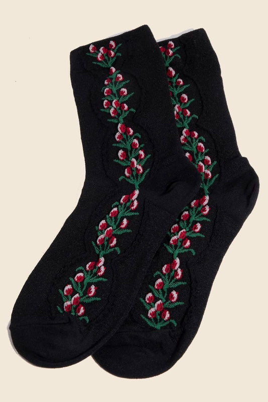 Black Floral Tulip Vine Embroidered Socks: BLACK