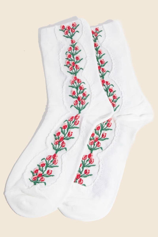 White Floral Tulip Vine Embroidered Socks: WHITE