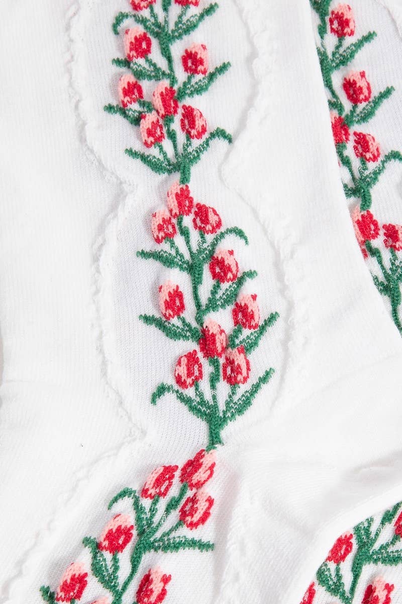 White Floral Tulip Vine Embroidered Socks: WHITE