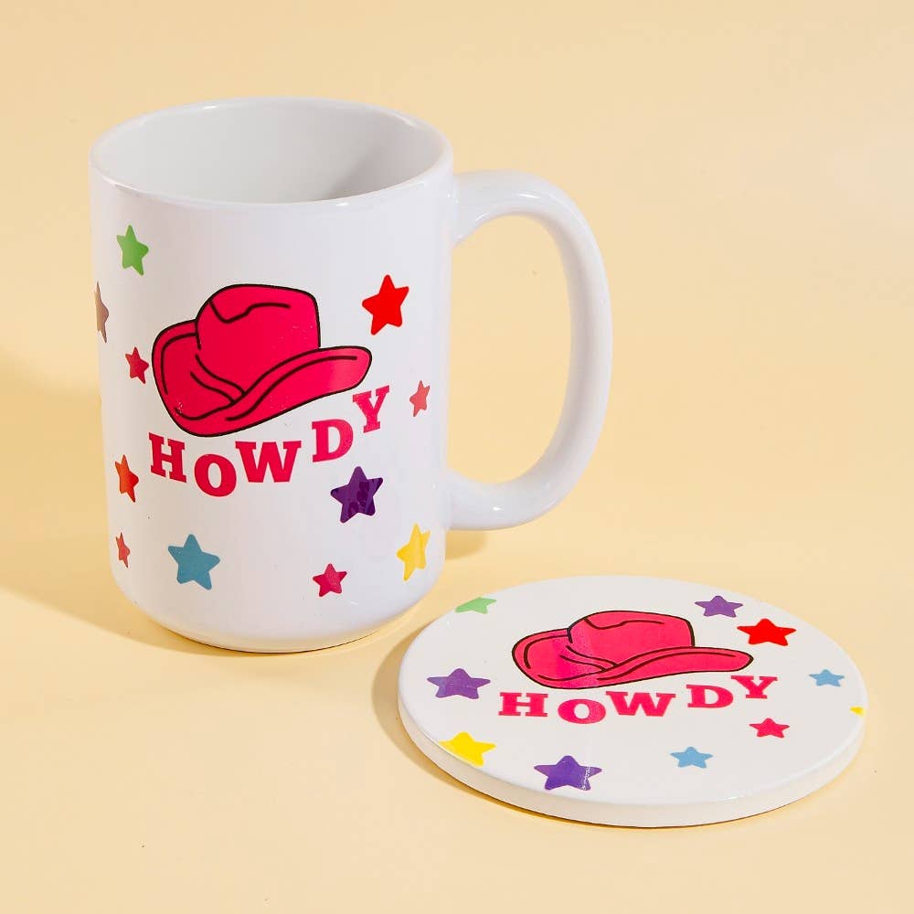 Howdy Western Cowboy Hat 15Oz Mug With Matching Coaster Gift: WHITE