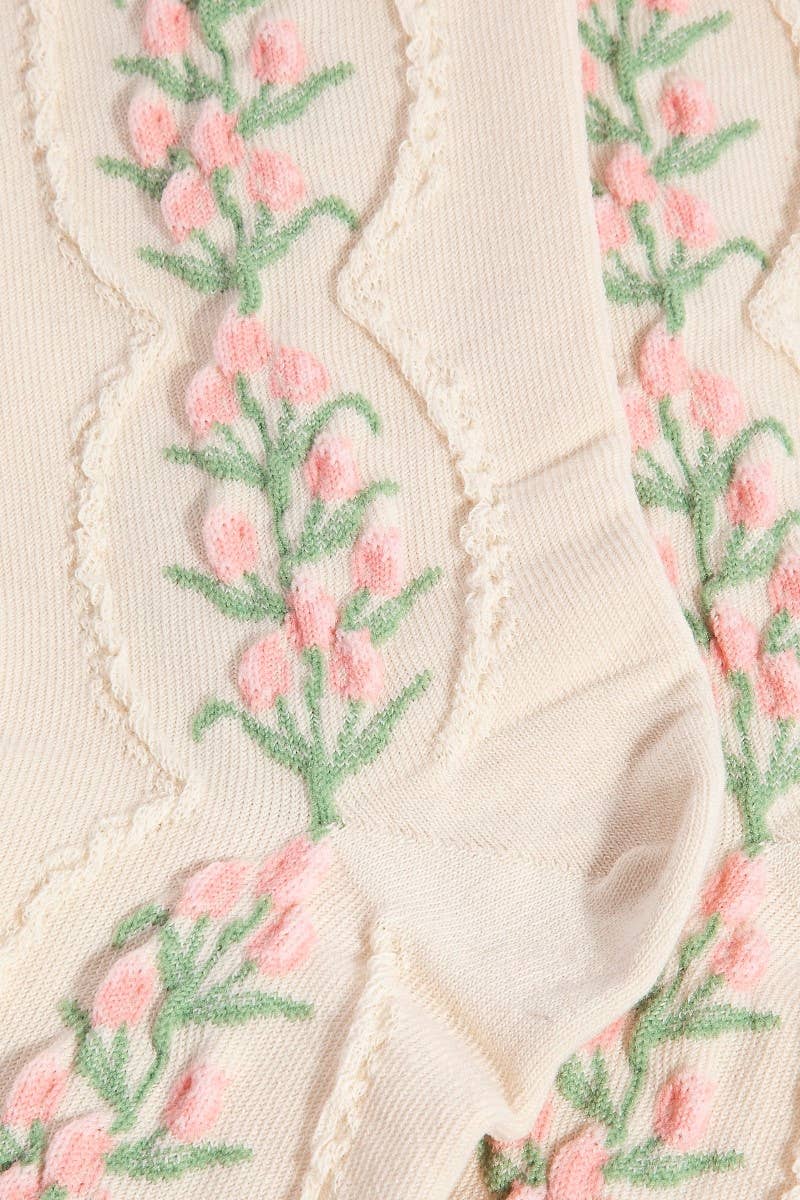 Beige Floral Tulip Vine Embroidered Socks: BEIGE