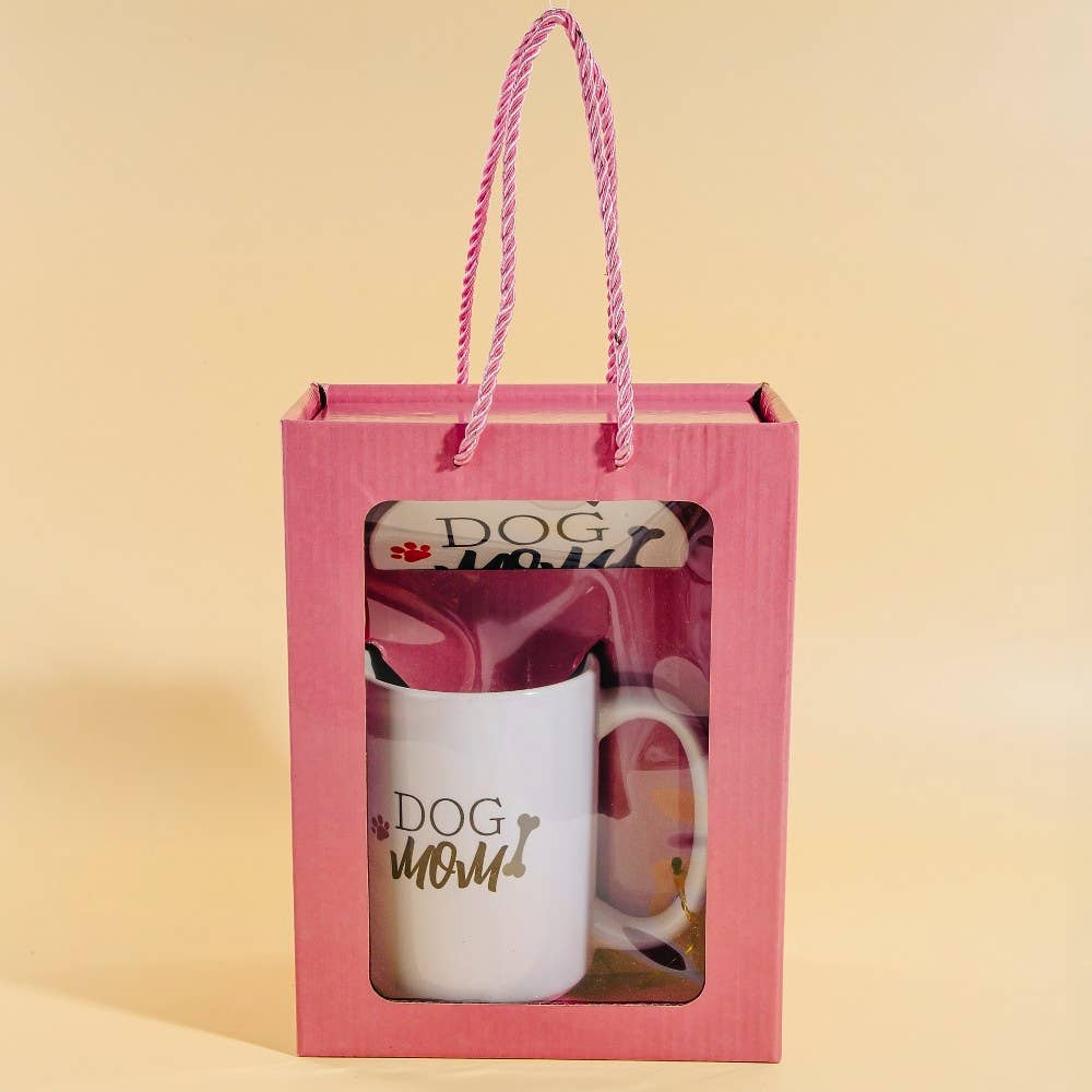 Dog Mom 15 Oz Mug With Matching Coaster Gift Set: WHITE