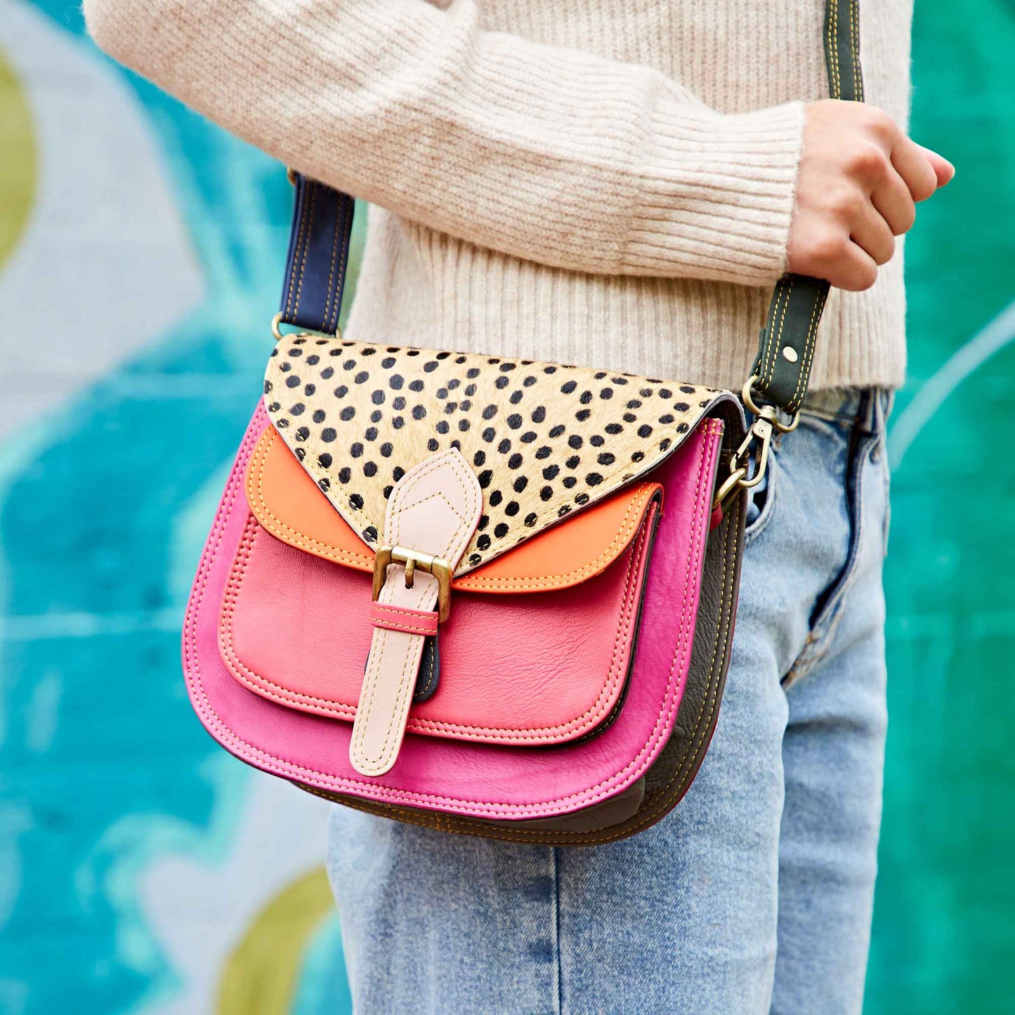 Recycled Leather Multicoloured Crossbody Bag - Handmade