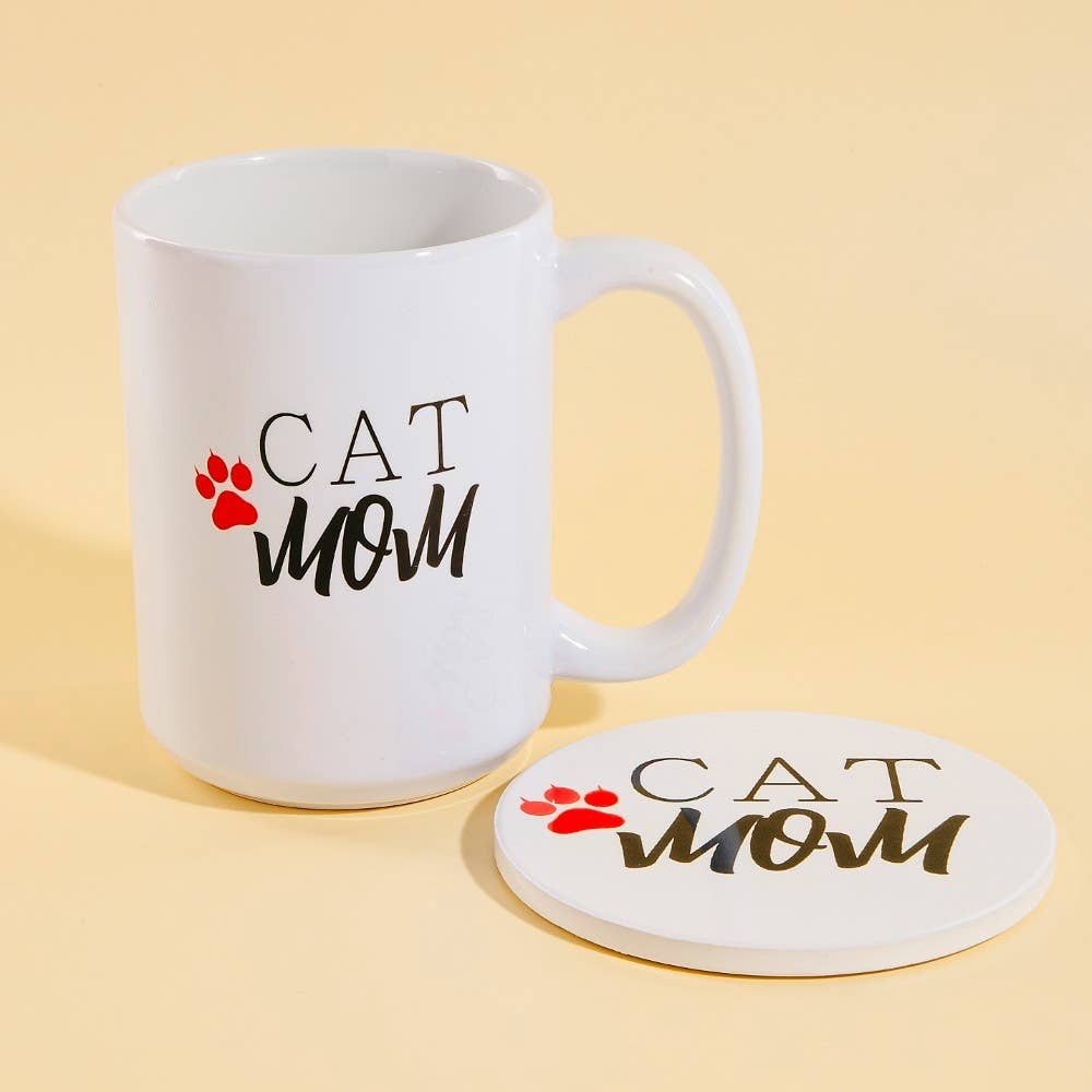 Cat Mom 15 Oz Mug With Matching Coaster Gift Set: WHITE