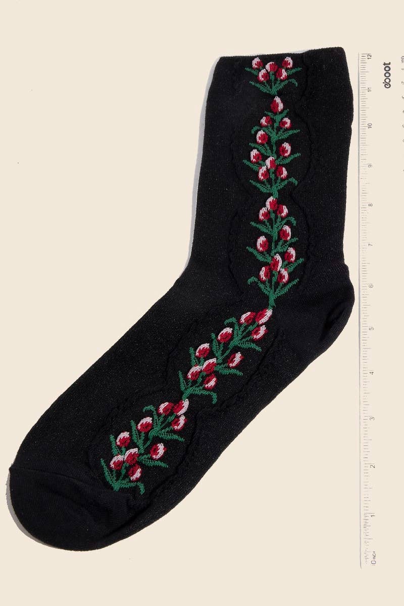 Black Floral Tulip Vine Embroidered Socks: BLACK