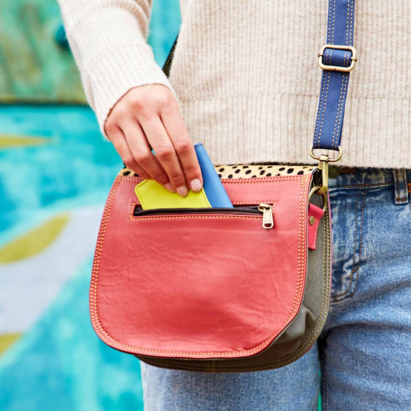 Recycled Leather Multicoloured Crossbody Bag - Handmade