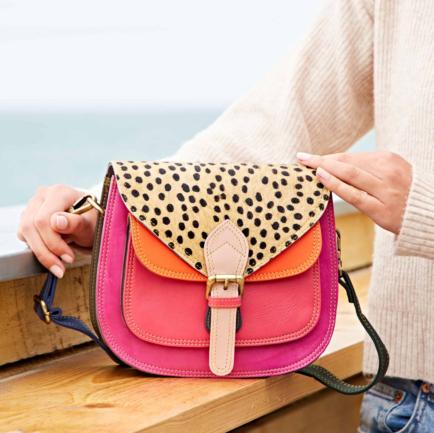 Recycled Leather Multicoloured Crossbody Bag - Handmade