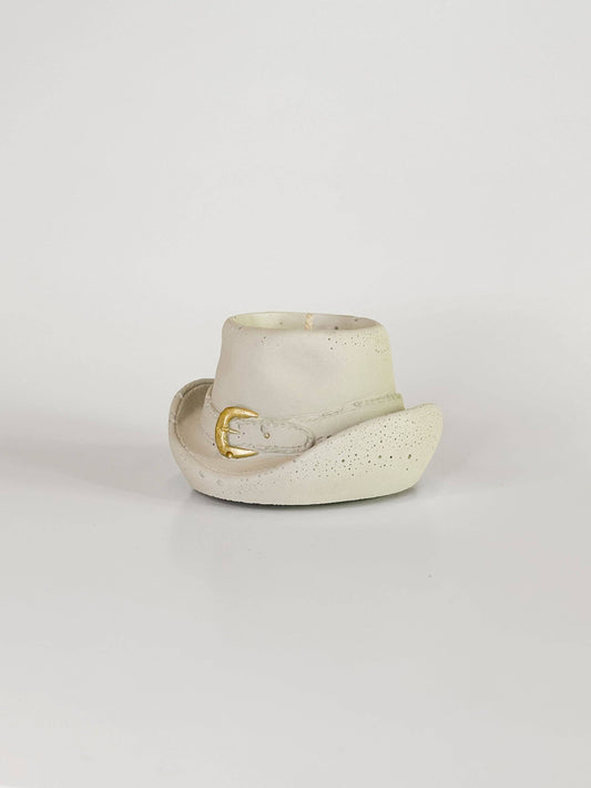 Cowboy Hat Candle: Raw Concrete with Gold Buckle / Sugarwood