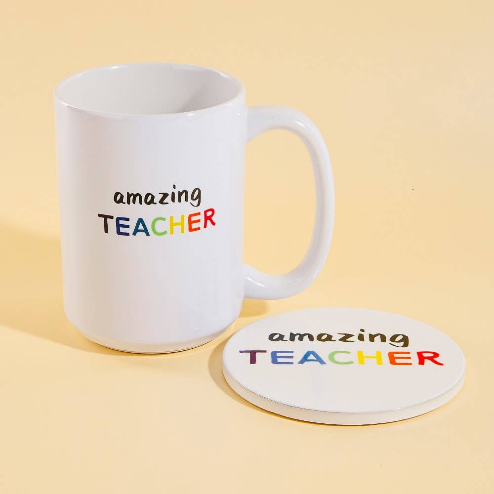 Amazing Teacher 15 Oz Mug With Matching Coaster Gift Set: WHITE